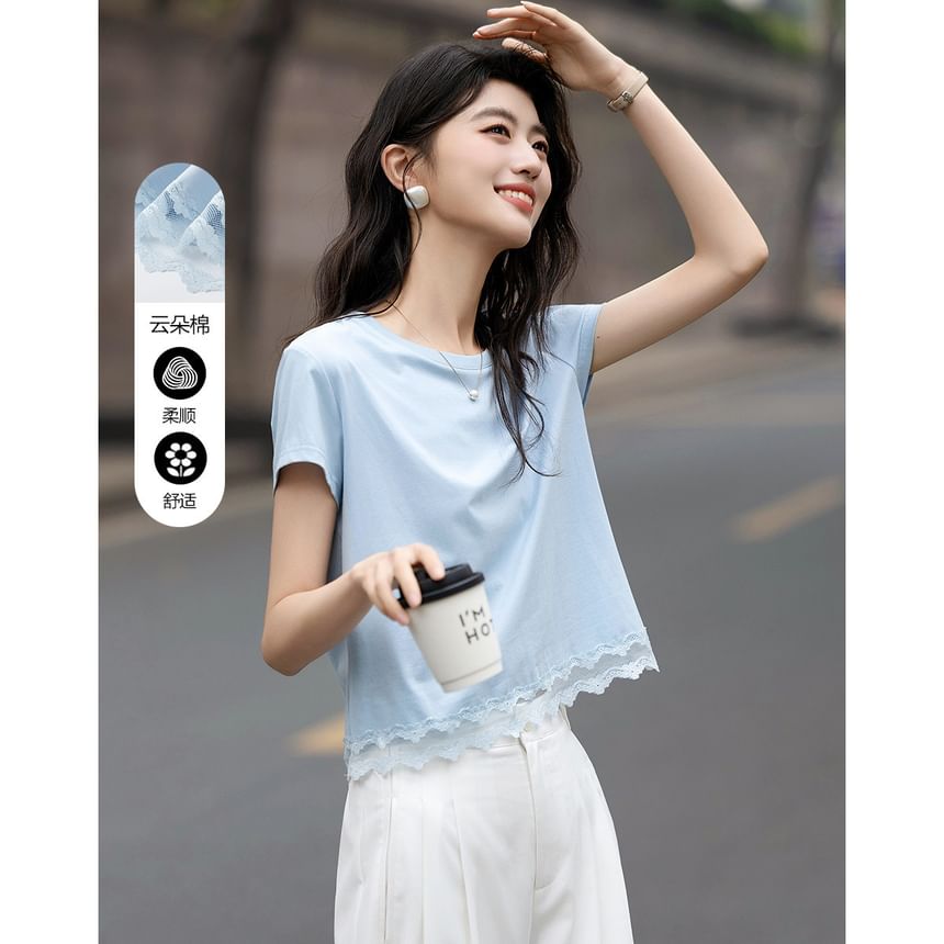Crew Neck Lace Panel Short Sleeve Tee