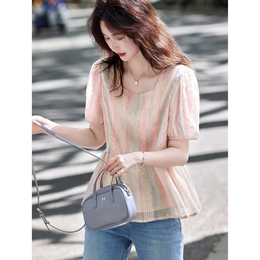 Short Sleeve Lace Peplum Blouse