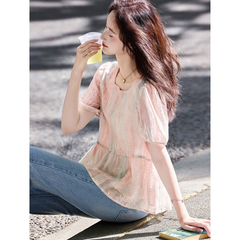 Short Sleeve Lace Peplum Blouse