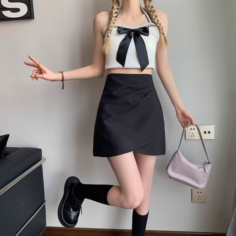High-Rise Ruched Mini Flared Skirt