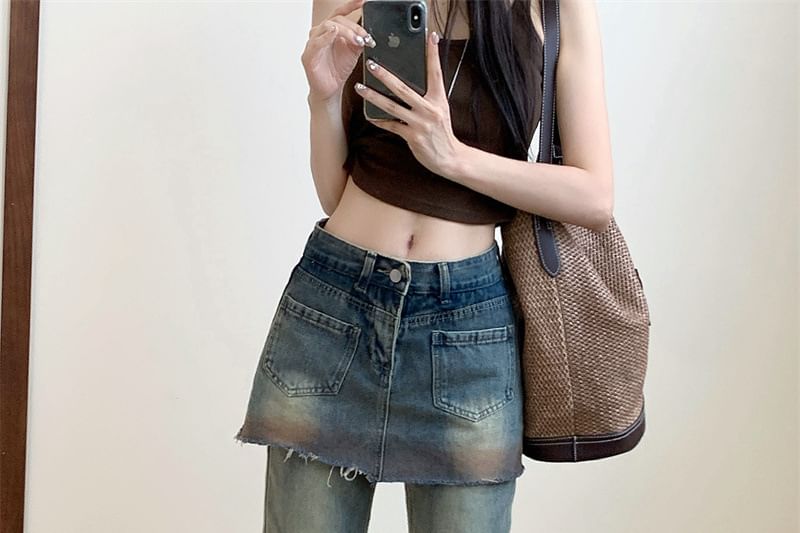 Mid-Rise Washed Flared Jeans with Overlay Detail