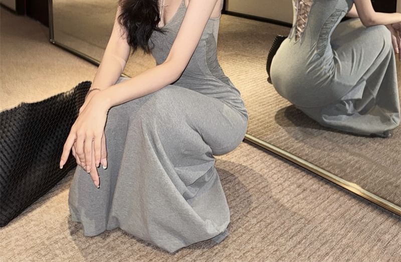 Spaghetti Strap Mock Two Piece Panel Lace Maxi Sheath Dress