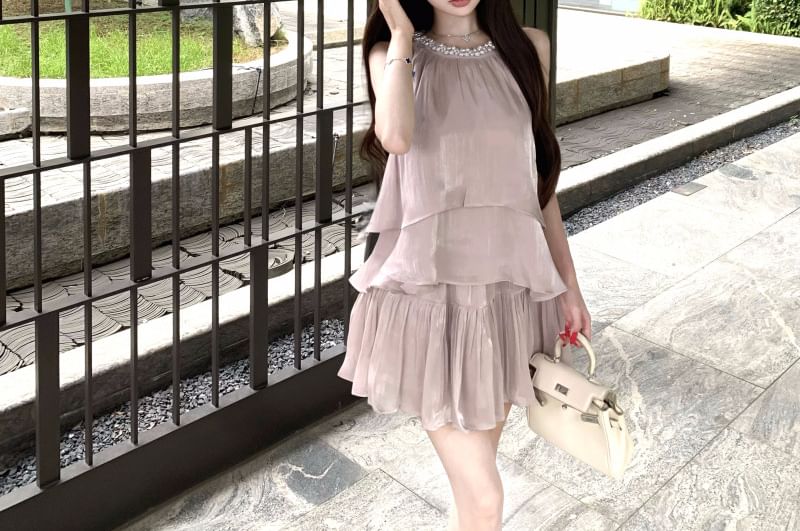 Pearl-Beaded Crew-Neck Sleeveless Blouse with High-Waist Mini Flared Skirt