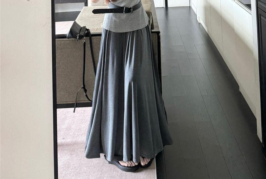 One-Shoulder Short-Sleeve Top with Belt and High-Rise Solid Maxi Flared Skirt