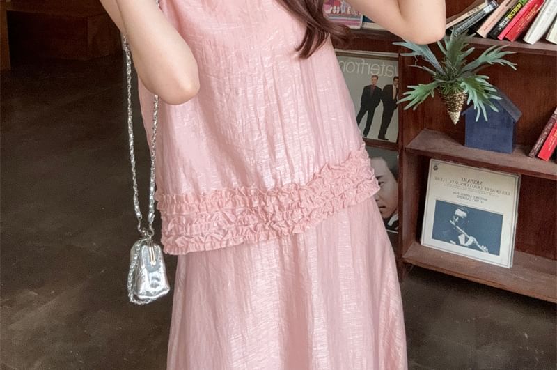 Crew-Neck Frilled Sleeveless Top with High-Rise Maxi Flared Skirt