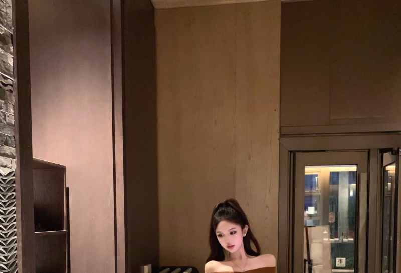 Off-Shoulder Ribbed Knit Sleeveless Top with High-Waist Solid Flared Mini Skirt