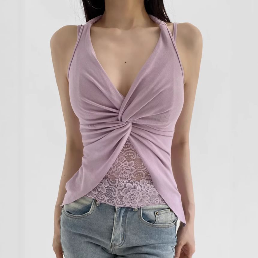 Halter V-Neck Lace Panel Knotted Slim Tank Top