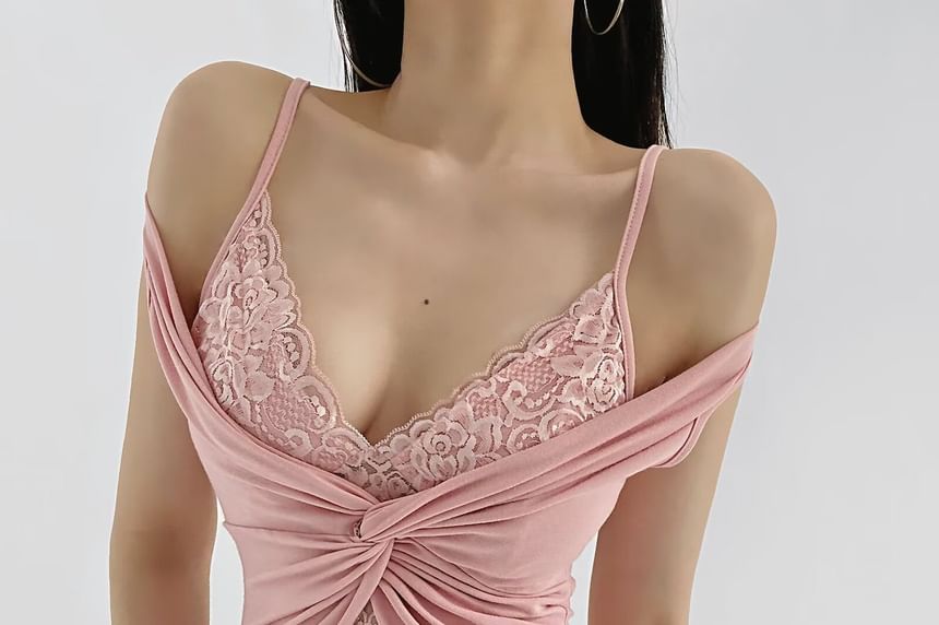 Halter V-Neck Lace Panel Knotted Slim Tank Top