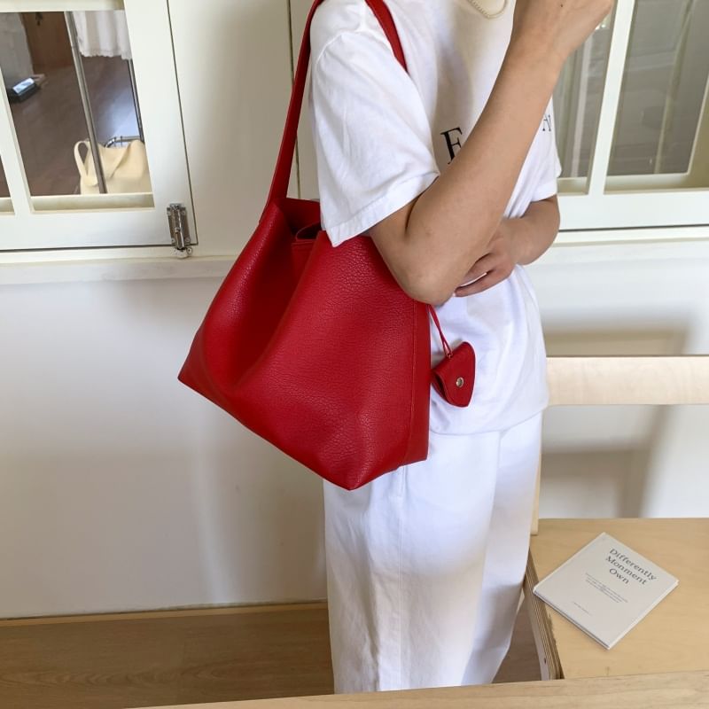 Faux Leather Shoulder Bag With Pouch & Accessory Holder