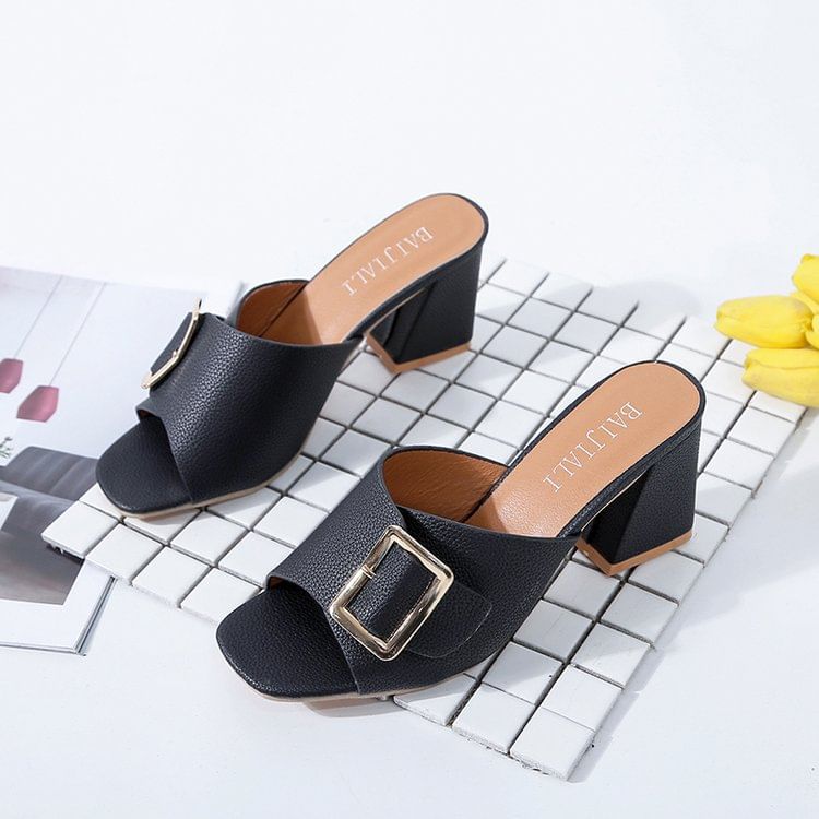 Chunky Sandals Heel Slide Buckled