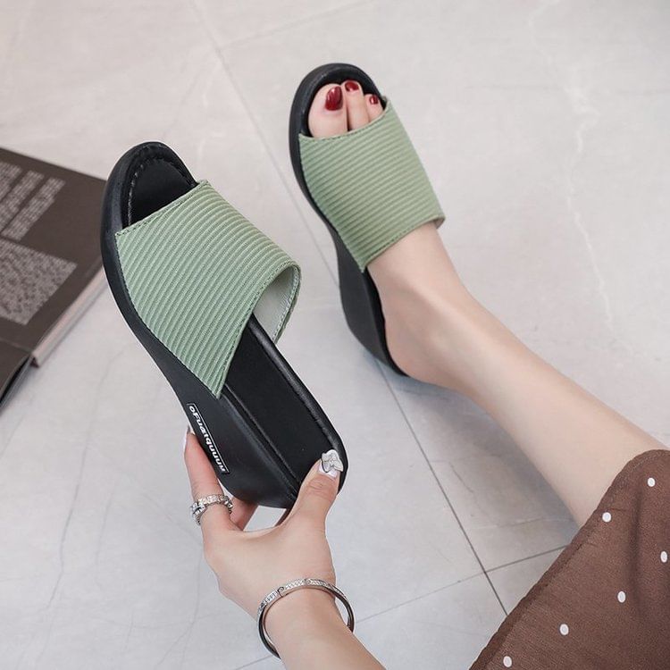 Knit Panel Wedge Heel Slide Sandals