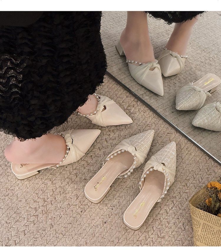 Pearl Heel Knot Faux Mules Chunky Toe Pointed