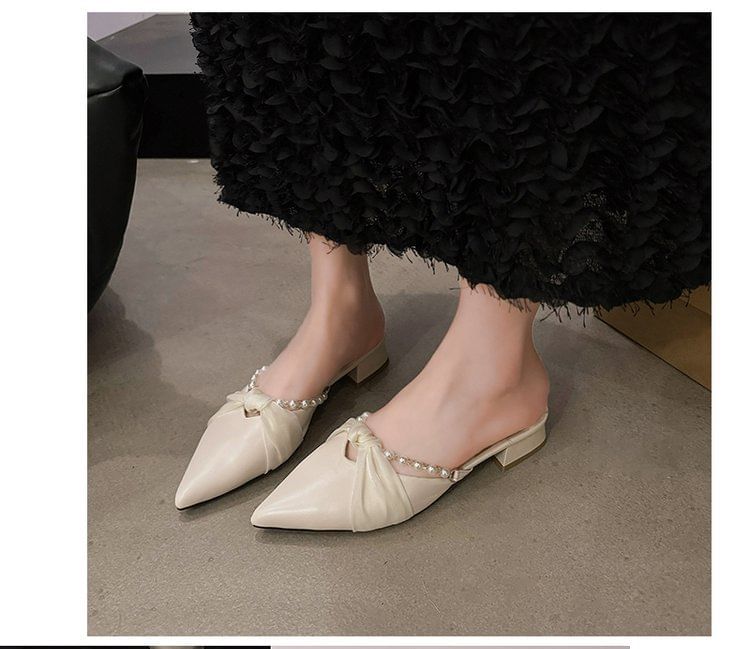 Pearl Heel Knot Faux Mules Chunky Toe Pointed
