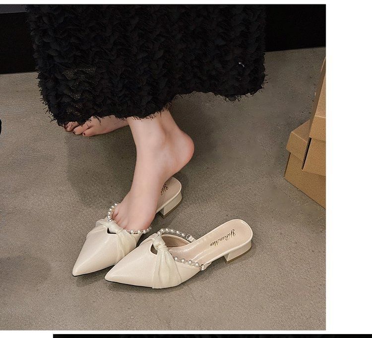 Pearl Heel Knot Faux Mules Chunky Toe Pointed