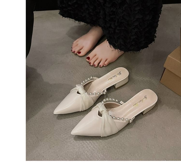 Pearl Heel Knot Faux Mules Chunky Toe Pointed