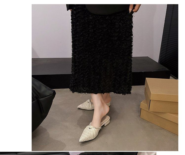 Pointed Toe Knot Faux Pearl Chunky Heel Mules