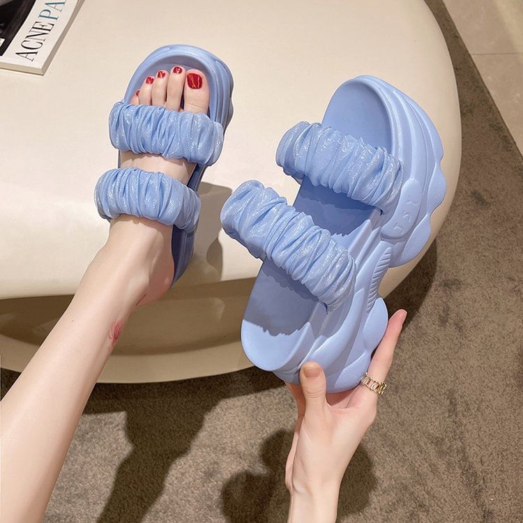 Plain Ruched Strap Platform Slide Sandals