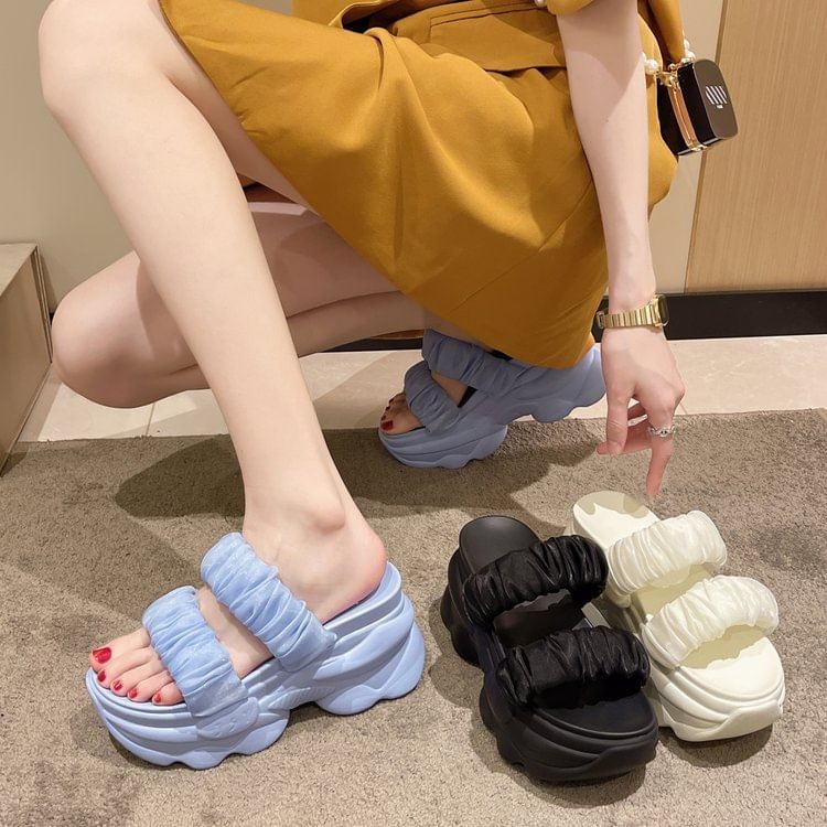 Plain Ruched Strap Platform Slide Sandals