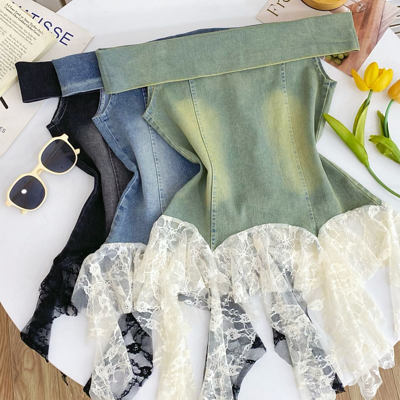 Off-Shoulder Asymmetrical Lace Panel Denim Tank