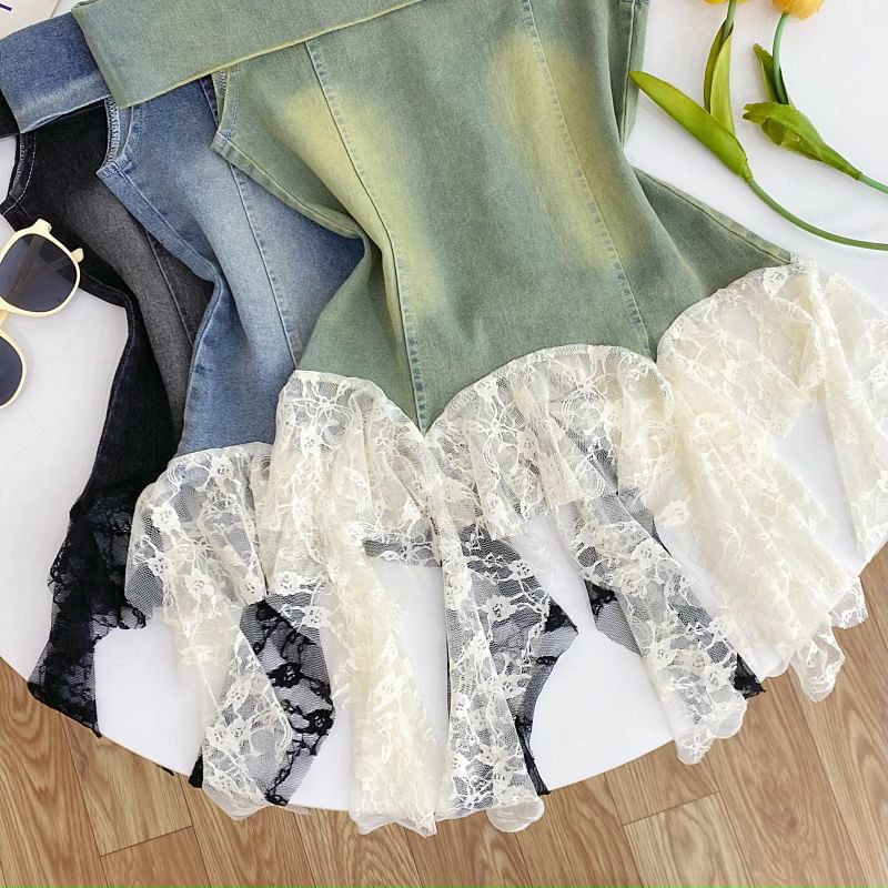 Off-Shoulder Asymmetrical Lace Panel Denim Tank