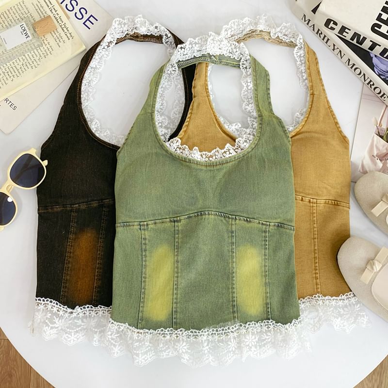 Halter Lace Trim Denim Padded Slim Fit Tank