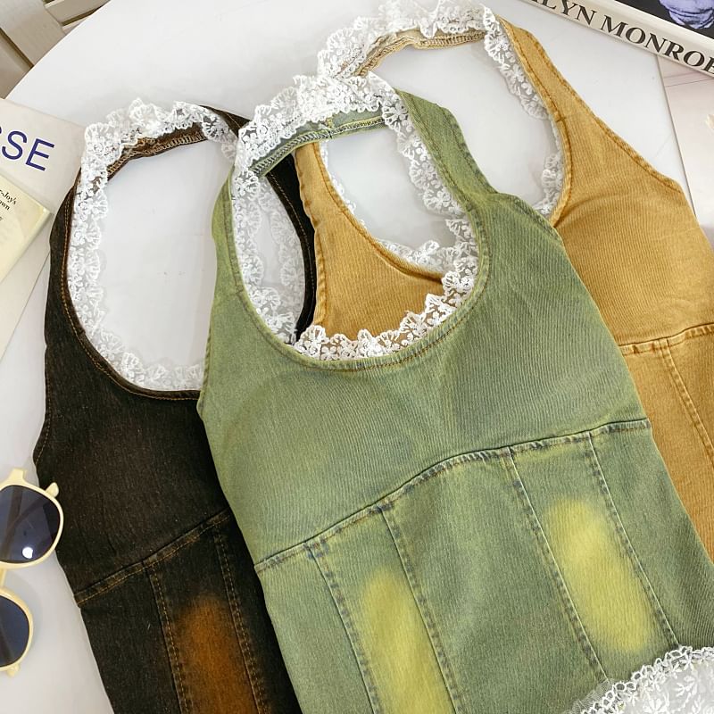 Halter Lace Trim Denim Padded Slim Fit Tank