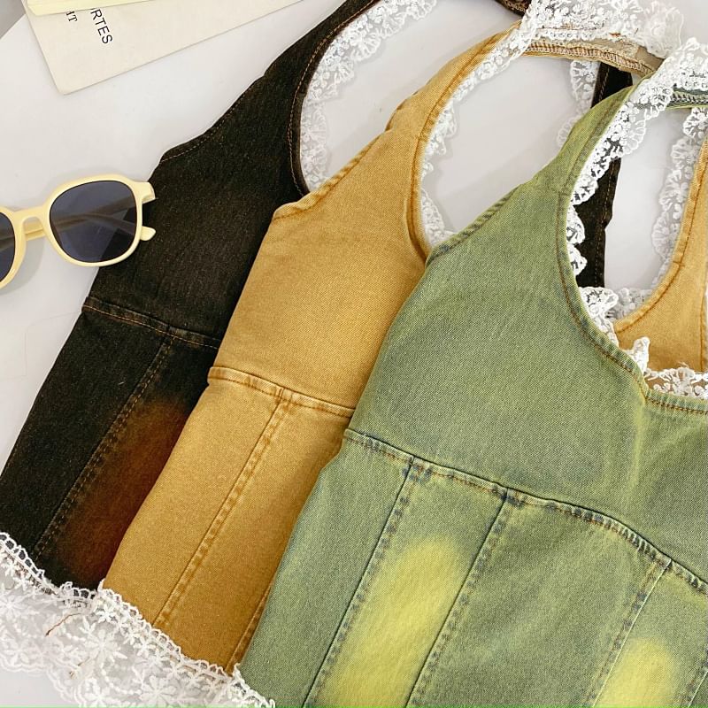 Halter Lace Trim Denim Padded Slim Fit Tank