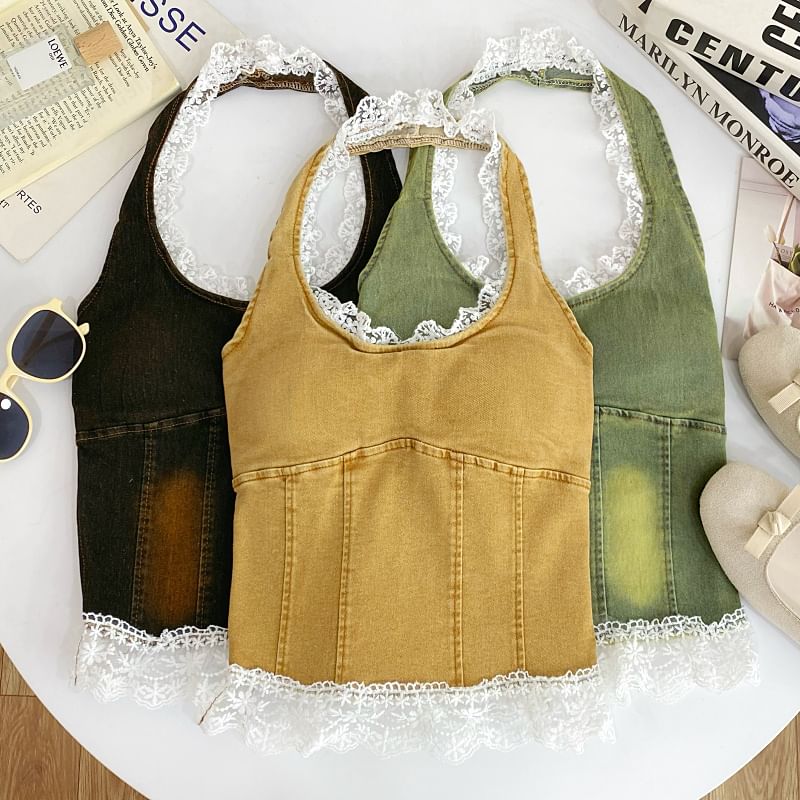 Halter Lace Trim Denim Padded Slim Fit Tank