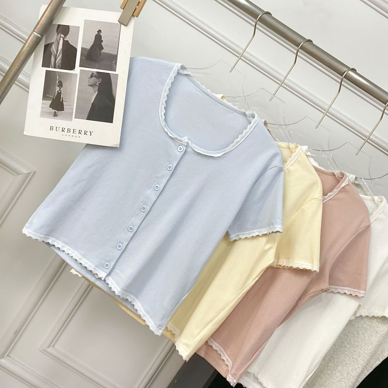 Short-Sleeve Square Neck Lace Trim Button Tee