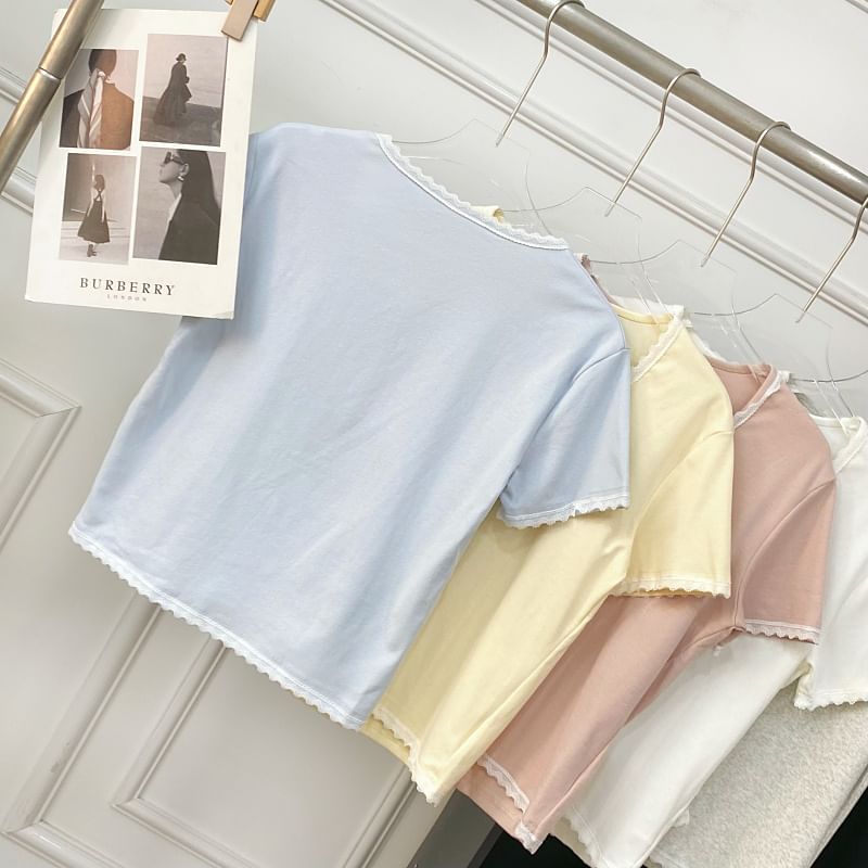 Short-Sleeve Square Neck Lace Trim Button Tee
