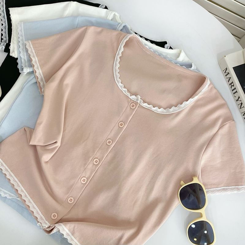 Short-Sleeve Square Neck Lace Trim Button Tee
