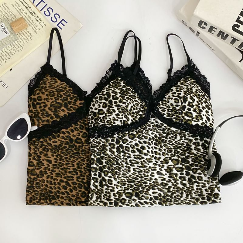 Leopard Print Lace Trim Crop Slim Fit Cami