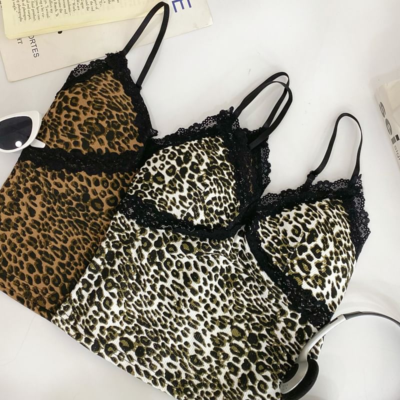 Leopard Print Lace Trim Crop Slim Fit Cami
