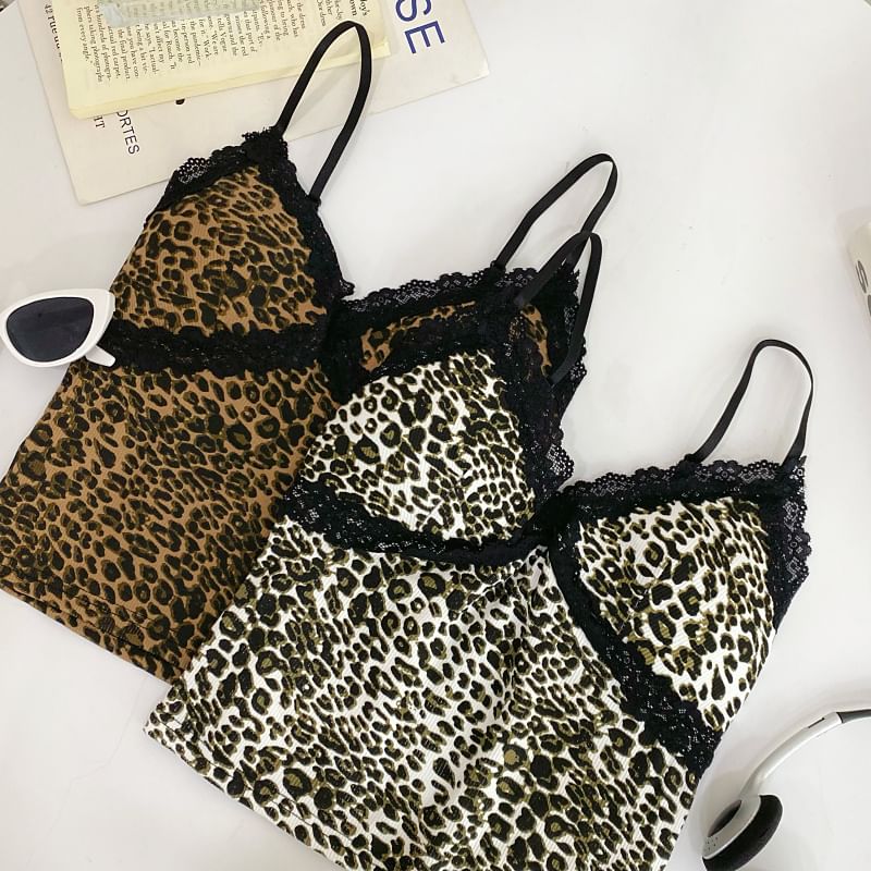 Leopard Print Lace Trim Crop Slim Fit Cami