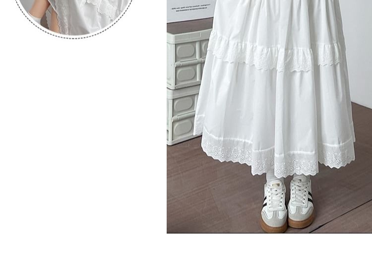 Elastic-Waist Lace-Trimmed Tiered Midi Flared Skirt