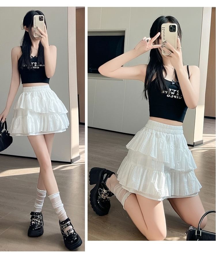 Ballet-Inspired Elastic-Waist Asymmetric Tiered Mini Flared Skirt