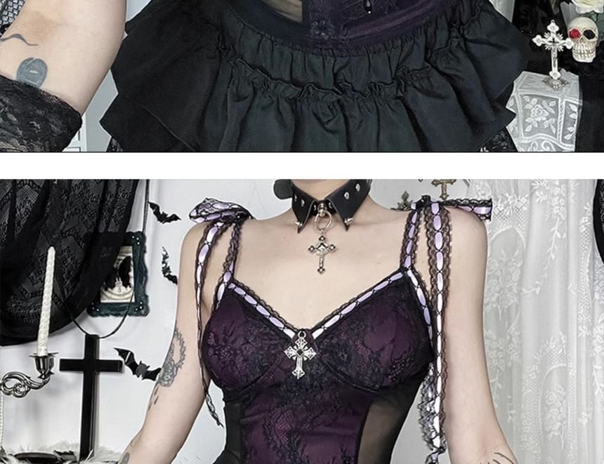 V-Neck Tie Shoulder Mesh Lace Cami