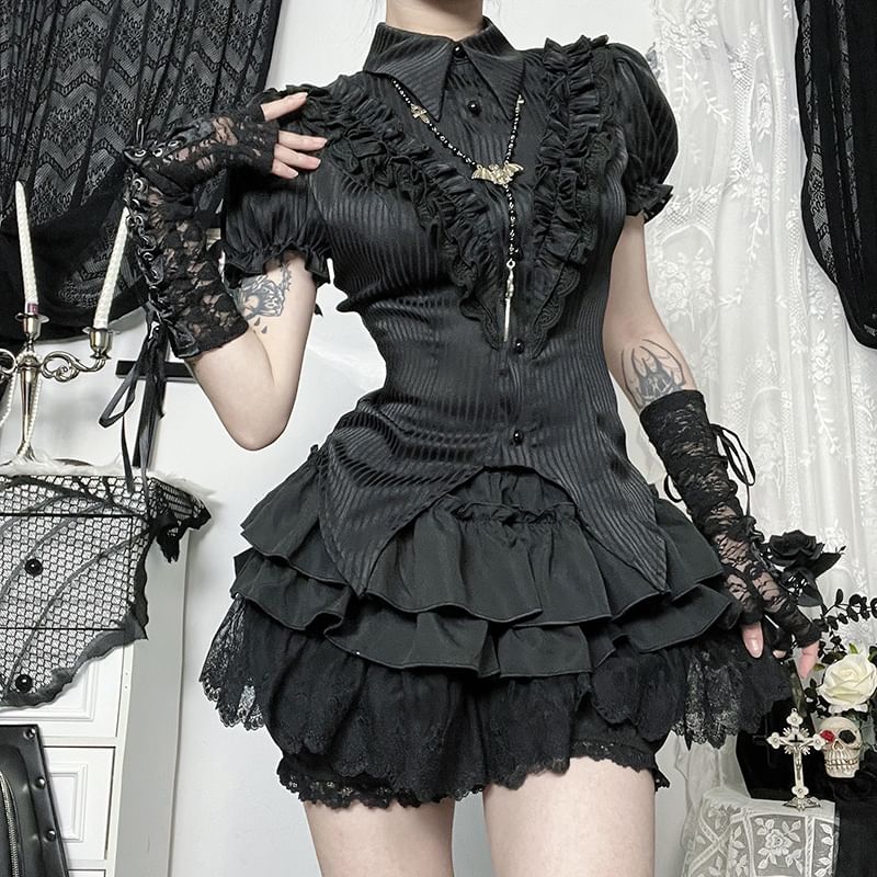 Puff Sleeve Striped Ruffle Blouse & High Waist Tiered Lace Mini Skort