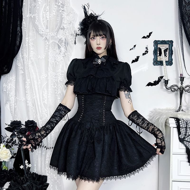 Short Sleeve Ruffle Blouse & High Waist Lace Mini Corset Skirt
