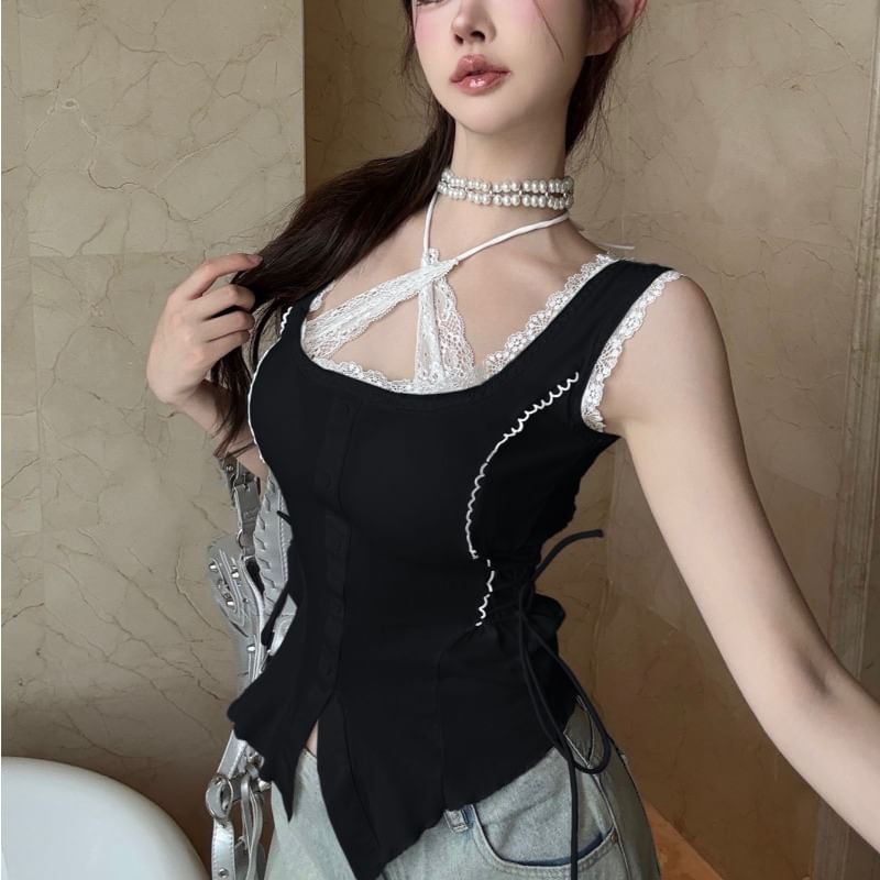 Halter Neck Lace Panel Lace-Up Slit Slim Fit Top