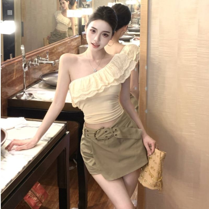 Cap-Sleeve One-Shoulder Lace Slim Fit Crop & High Waist Asymmetrical Mini Skort