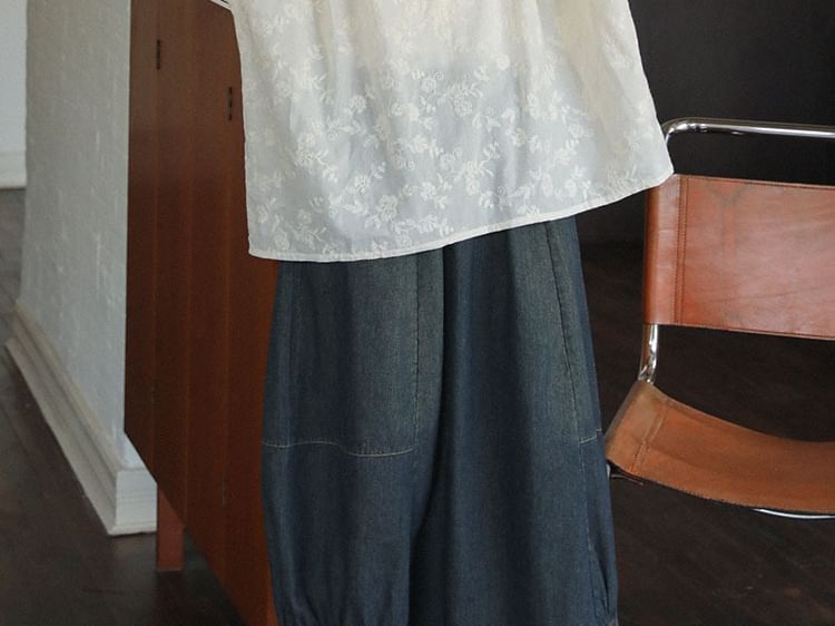Elbow-Sleeve Round Neck Lace Trim Blouse & High Rise Denim Midi Skirt