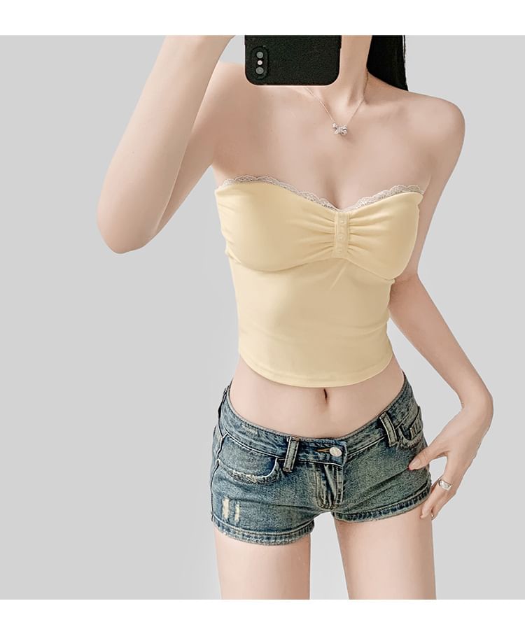 Lace Trim Ruched Padded Crop Tube