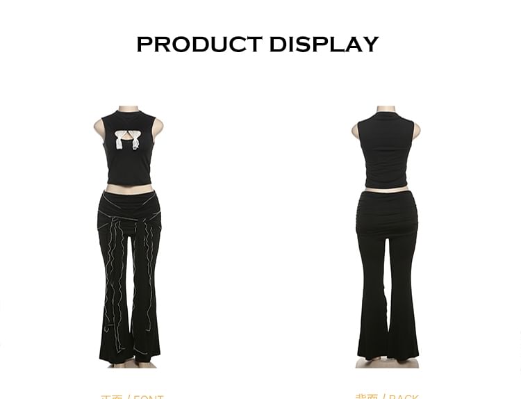 Mock Two-Piece Lace Crop Tank & Low Rise Ruched Flared Pants