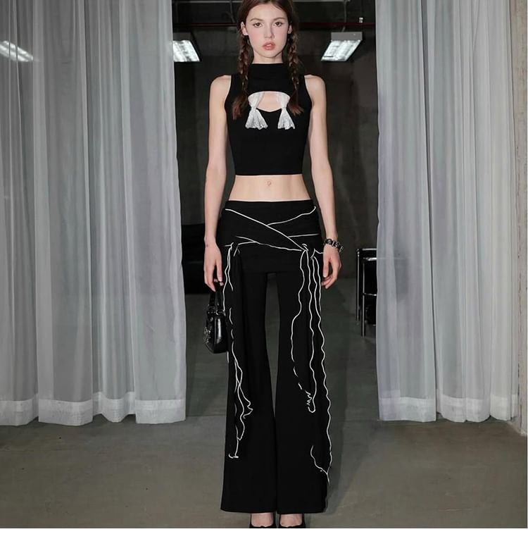 Mock Two-Piece Lace Crop Tank & Low Rise Ruched Flared Pants