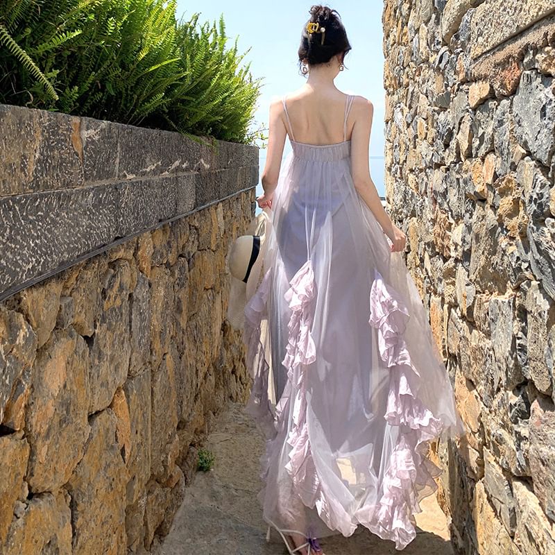 Spaghetti Strap Plain Ruffle Asymmetrical Maxi Sundress