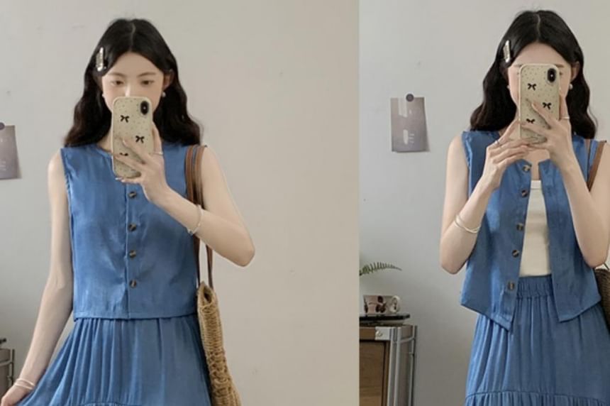 Set: Washed Denim Vest with High-Waist Gathered Maxi Flared Skirt