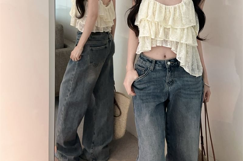 Spaghetti Strap Scoop Neck Lace Crop Cami
