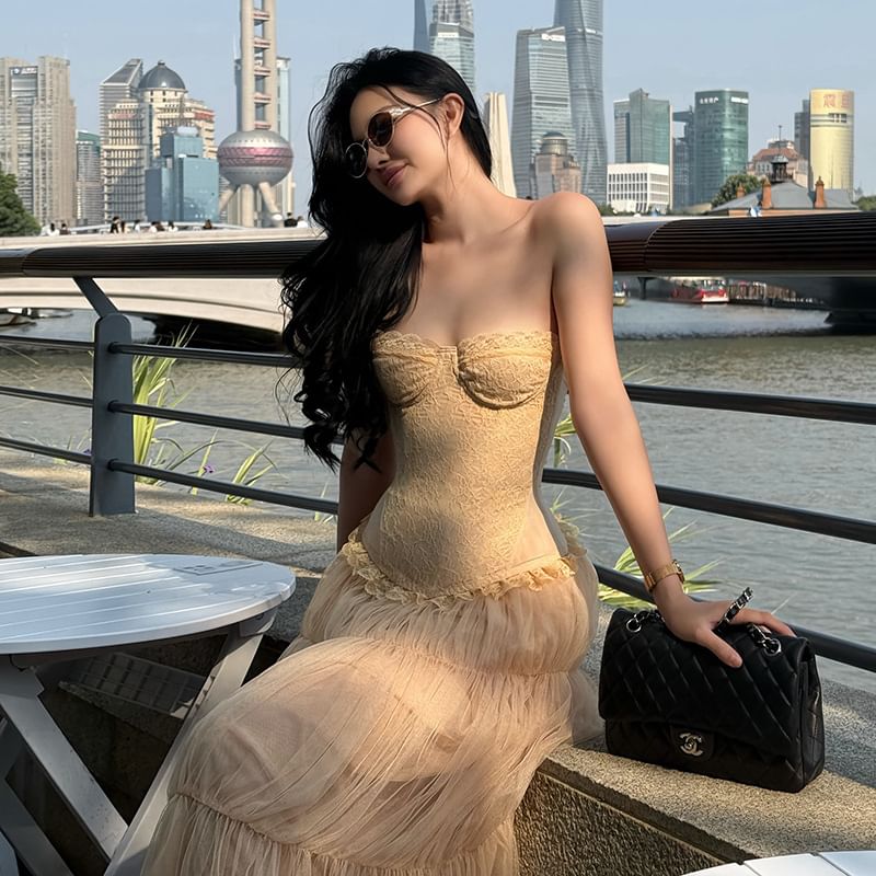Lace Corset Tube Top with High-Rise Sheer Maxi Skirt