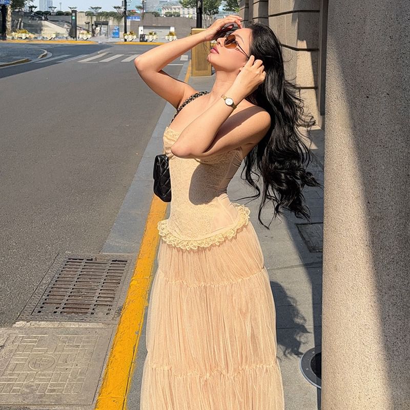 Lace Corset Tube Top with High-Rise Sheer Maxi Skirt